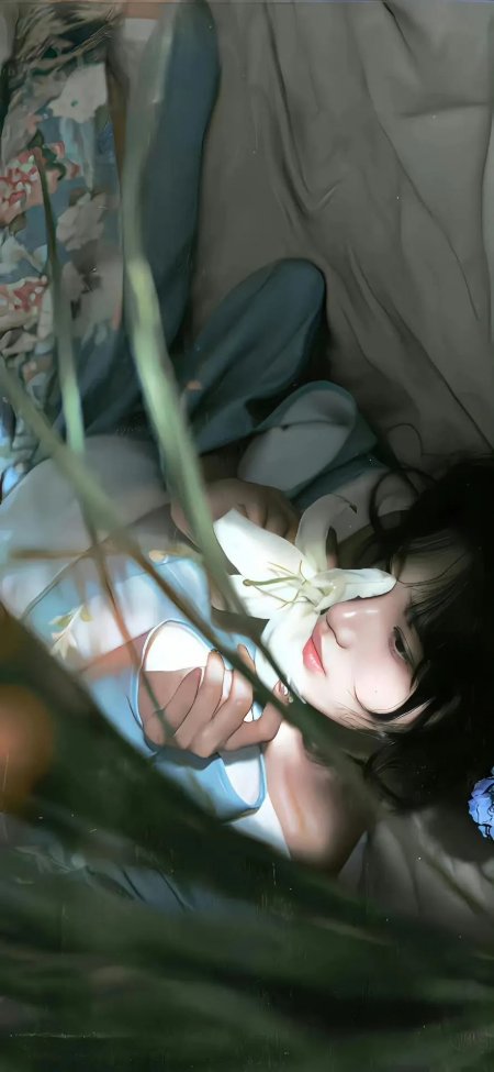 少女手持白百合躺卧花丛手机壁纸