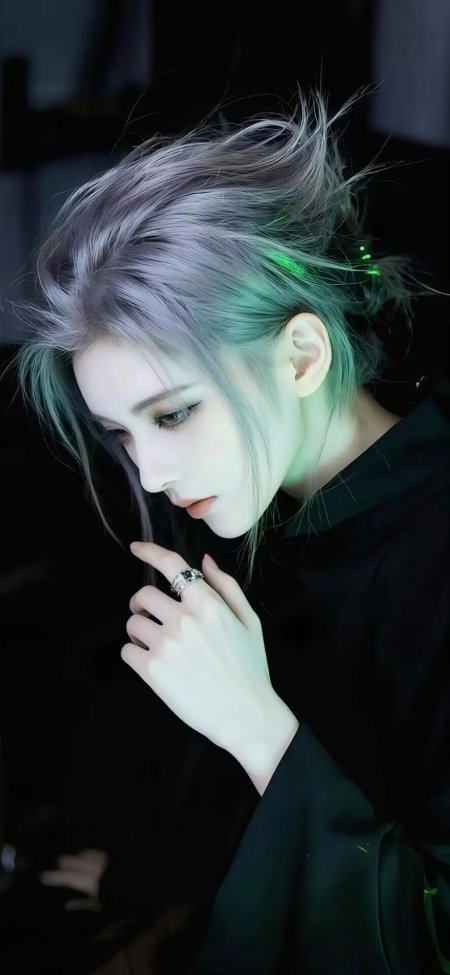 银发绿光少女低头沉思手机壁纸