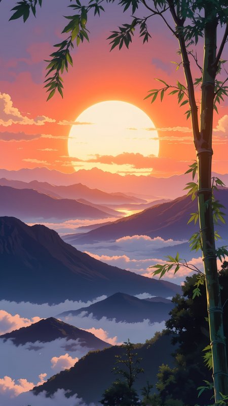 日落山峦竹林云海风景插画手机壁纸