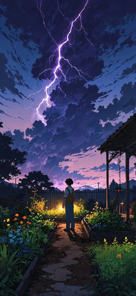 新海诚风格少年庭院观雷暴夜景手机壁纸