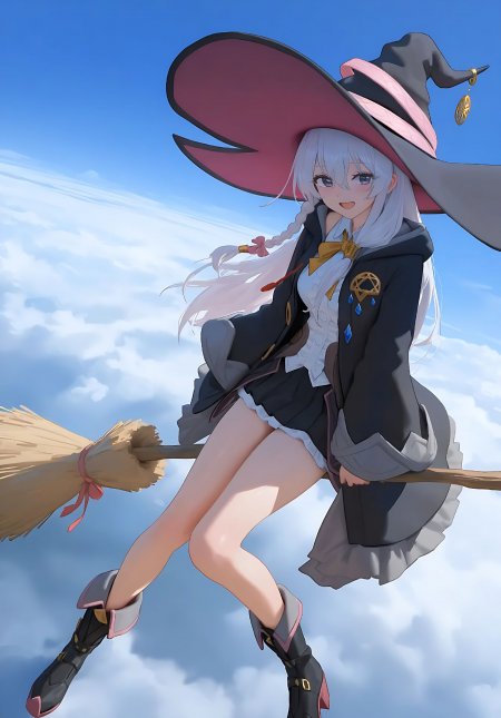 魔女之旅伊蕾娜骑扫帚飞行蓝天白云手机壁纸