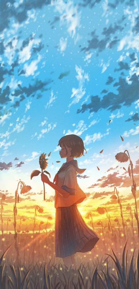 新海诚风格少女夕阳向日葵田野手机壁纸