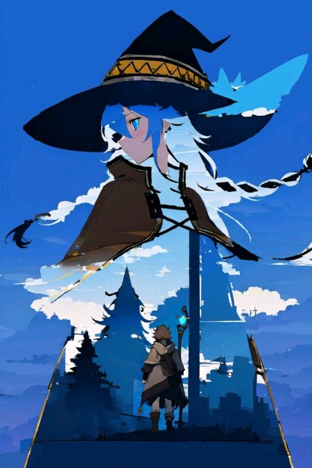 魔女之旅伊蕾娜蓝发巫师帽飞行场景手机壁纸