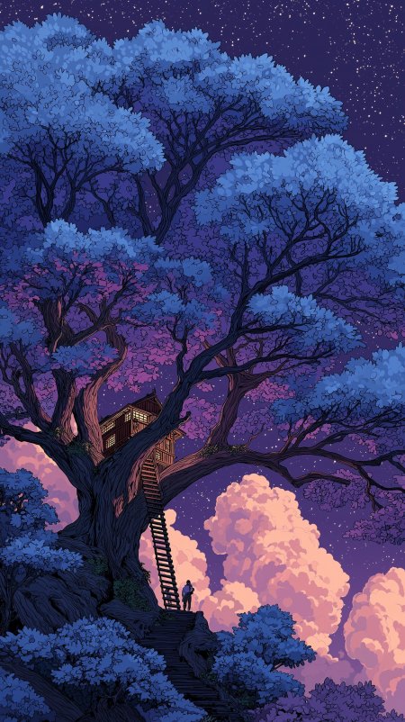 星空下巨树屋梯云海夜景手机壁纸