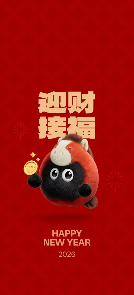 迎财接福2026年生肖马吉祥物手机壁纸