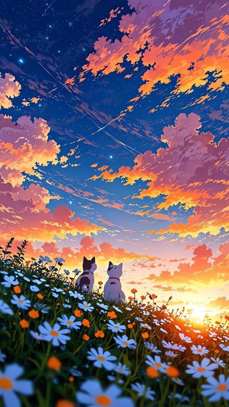 两只猫咪仰望星空花海日落风景手机壁纸