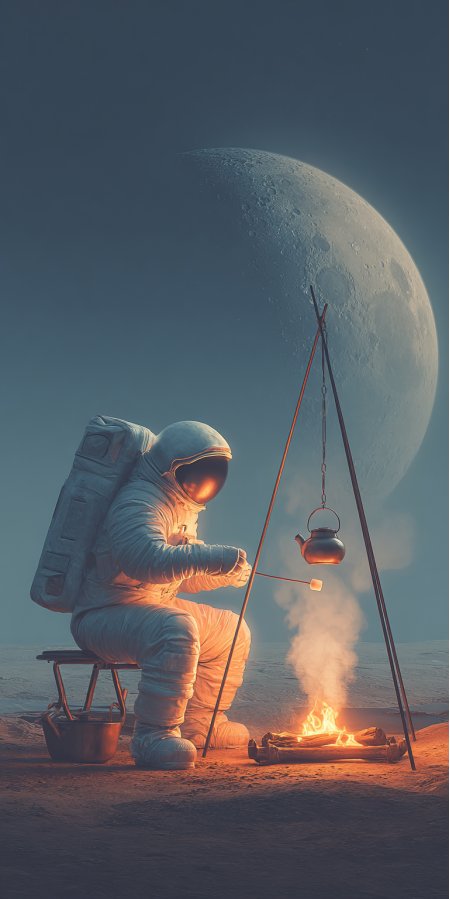 宇航员月球露营篝火煮茶场景手机壁纸