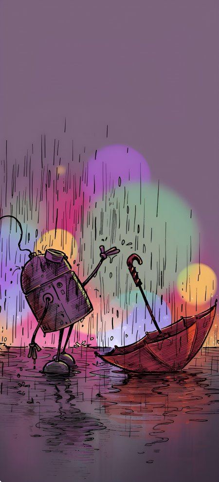 雨中机器人撑伞行走插画风格手机壁纸