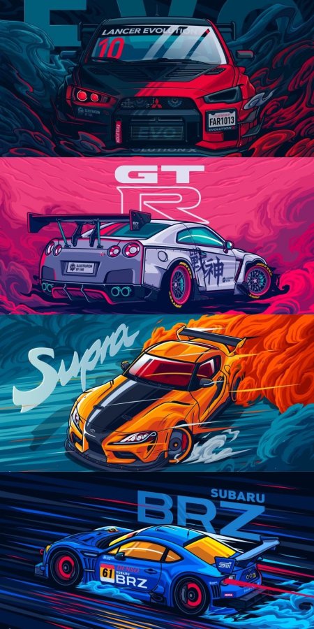 三菱LancerEvolution日产GT-R丰田Supra斯巴鲁BRZ四车竞速插画手机壁纸