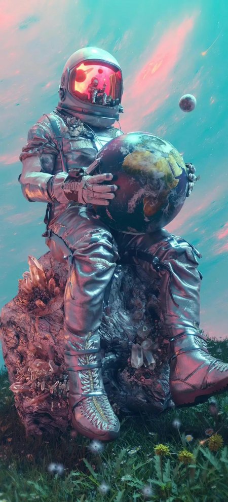 太空宇航员怀抱地球水晶岩石草地梦幻霓虹手机壁纸