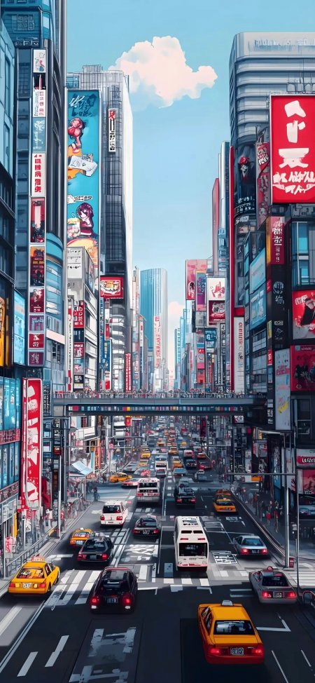 赛博朋克风格东京涩谷街头繁华都市景观手机壁纸