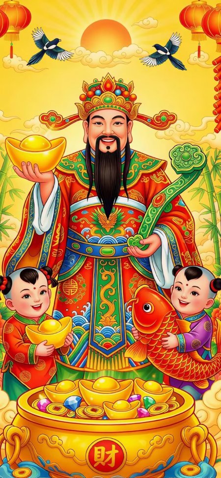 财神爷持金元宝携童子聚宝盆手机壁纸