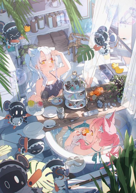 碧蓝档案白发少女浴缸下午茶场景手机壁纸