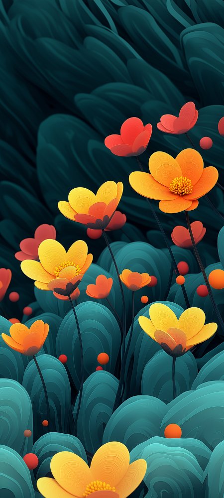橙黄花朵深青波浪纹理艺术插画手机壁纸