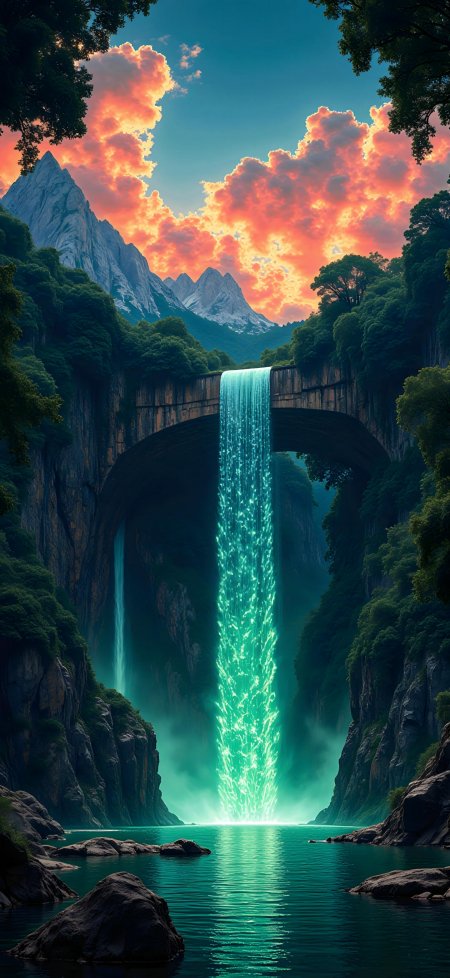 奇幻山水峡谷荧光瀑布石桥日落风景手机壁纸