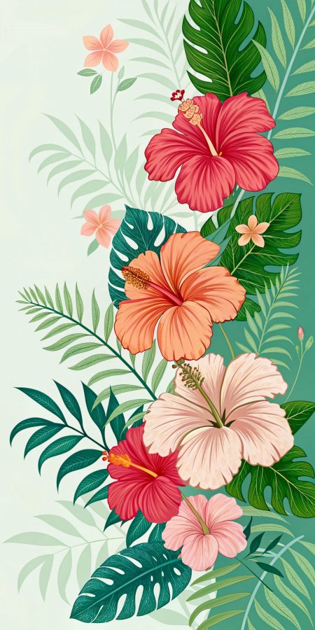 热带芙蓉花与龟背竹绿叶插画手机壁纸