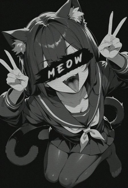 猫耳少女MEOW遮眼比耶手势黑白插画手机壁纸