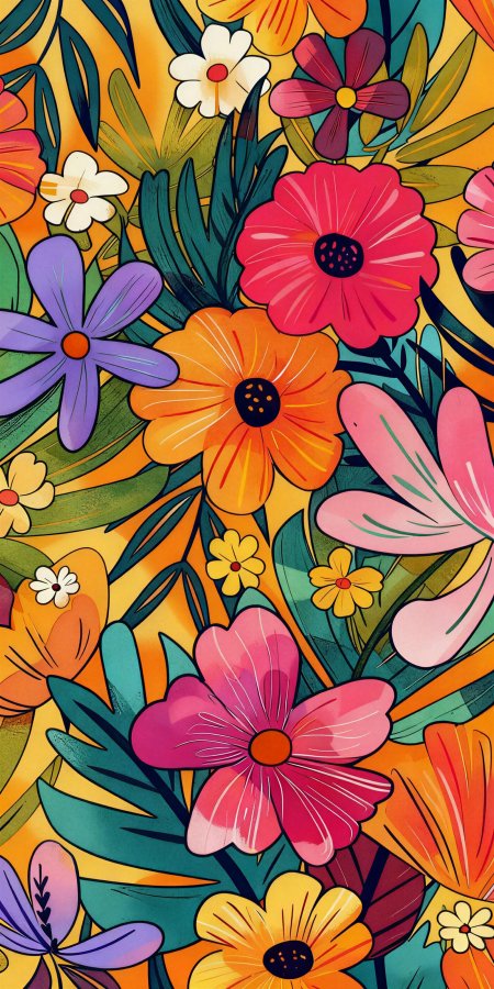 热带花卉插画鲜艳色彩满屏图案手机壁纸