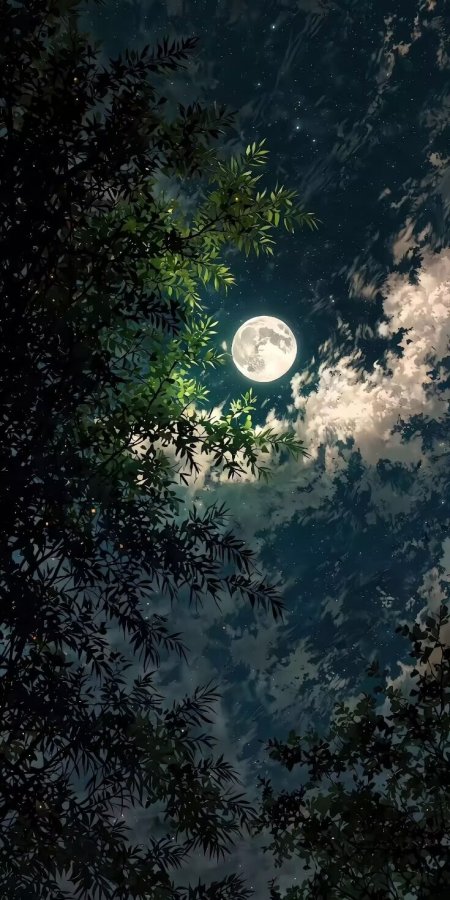 月夜森林满月星空树影手机壁纸