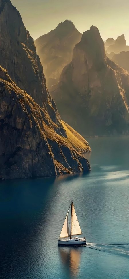 山峡河流帆船风景手机壁纸