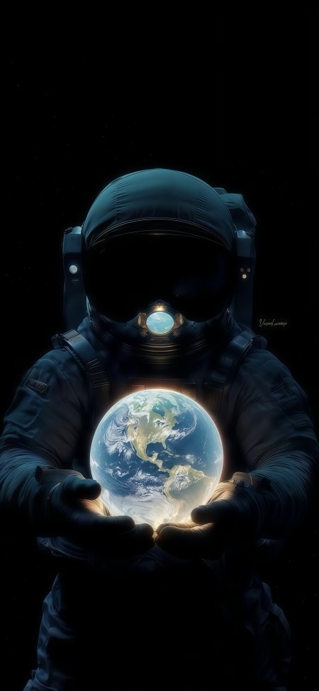 宇航员双手托举发光地球太空场景手机壁纸