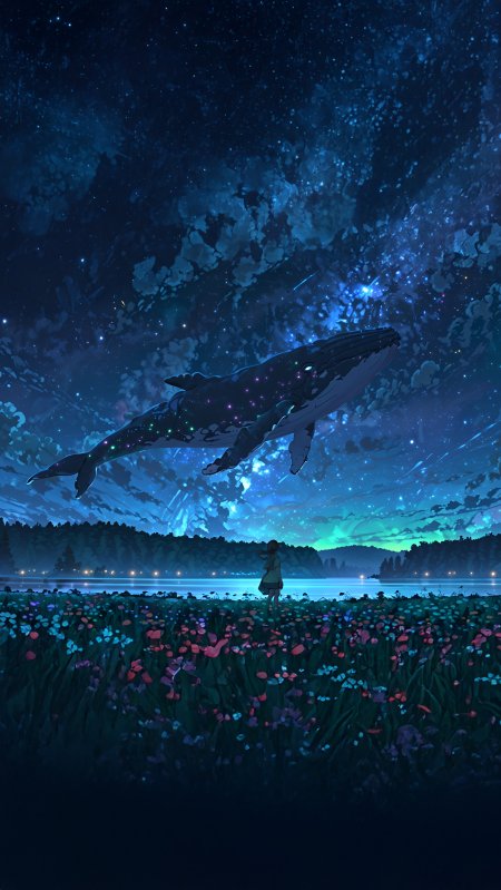 星空下鲸鱼飞跃花海少女仰望手机壁纸