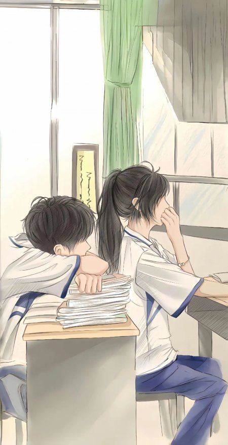 校园教室男女学生课桌学习场景手机壁纸