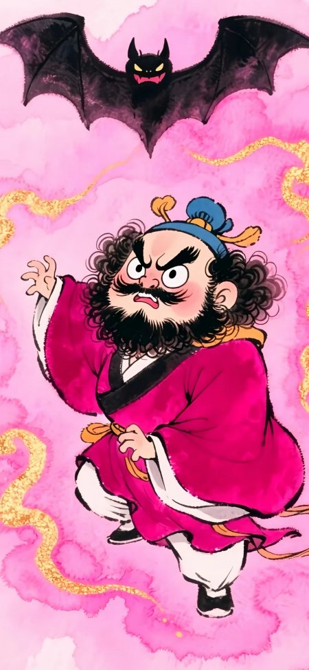 钟馗捉鬼卡通风格粉金背景手机壁纸