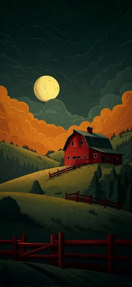月夜红谷仓田园风景插画手机壁纸
