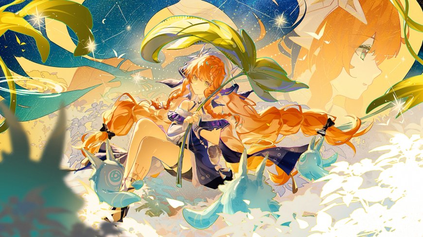 橙发少女与水元素精灵梦幻森林场景动漫电脑壁纸
