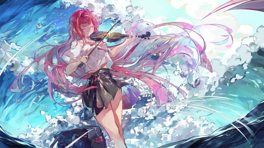 红发少女拉小提琴海浪翻涌水花飞溅动态艺术电脑壁纸