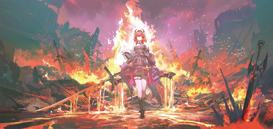 红发魔女立于废墟烈焰中央霸气姿态动漫电脑壁纸