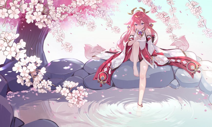 粉发巫女八重神子坐于石上樱花纷飞水面涟漪电脑壁纸