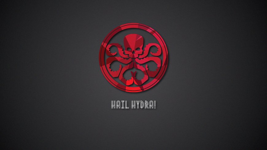 红色九头蛇标志几何风格暗黑背景HAIL HYDRA文字游戏原画电脑壁纸