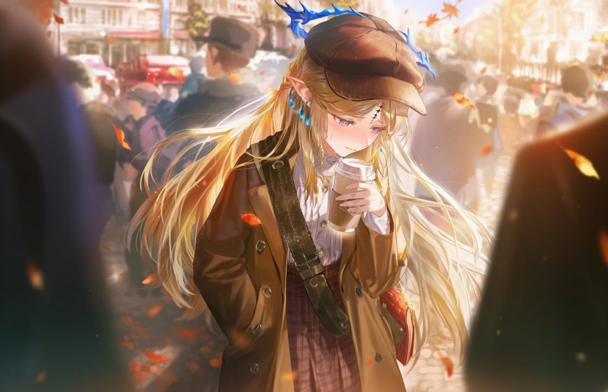 金发精灵少女秋日街景手持咖啡杯动漫电脑壁纸