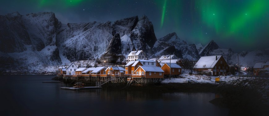 挪威罗弗敦群岛极光雪村夜景风景电脑壁纸