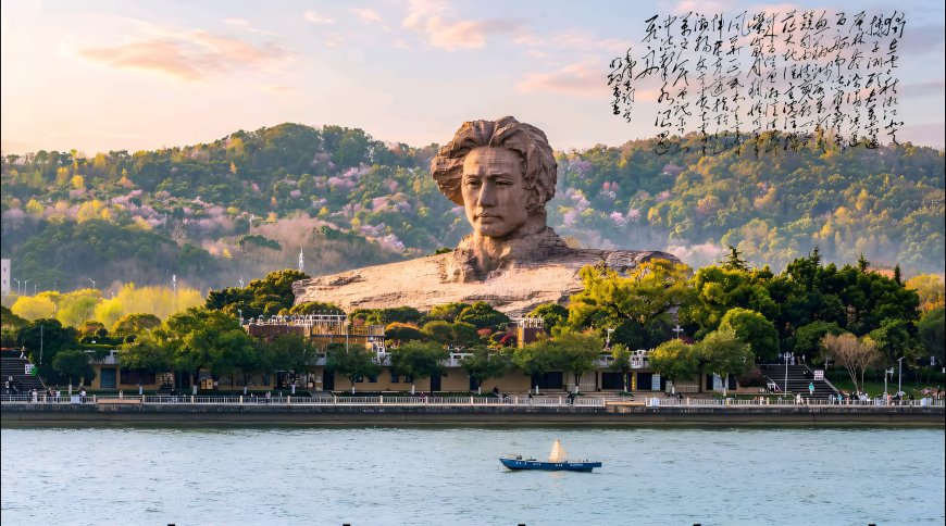 橘子洲头青年毛泽东雕像春日江景电脑壁纸