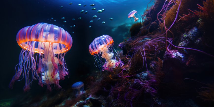 深海荧光水母群游珊瑚礁光影创意电脑壁纸