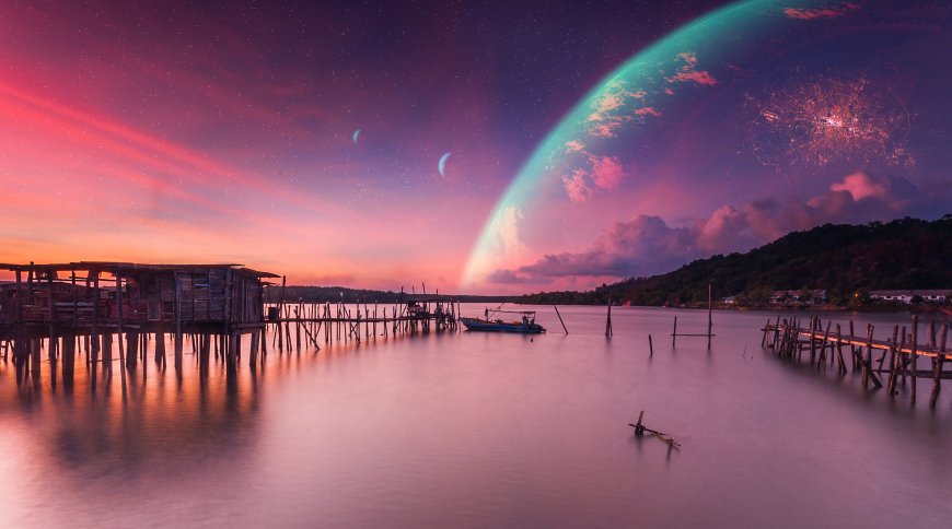 外星行星夜空渔村奇幻景观电脑壁纸
