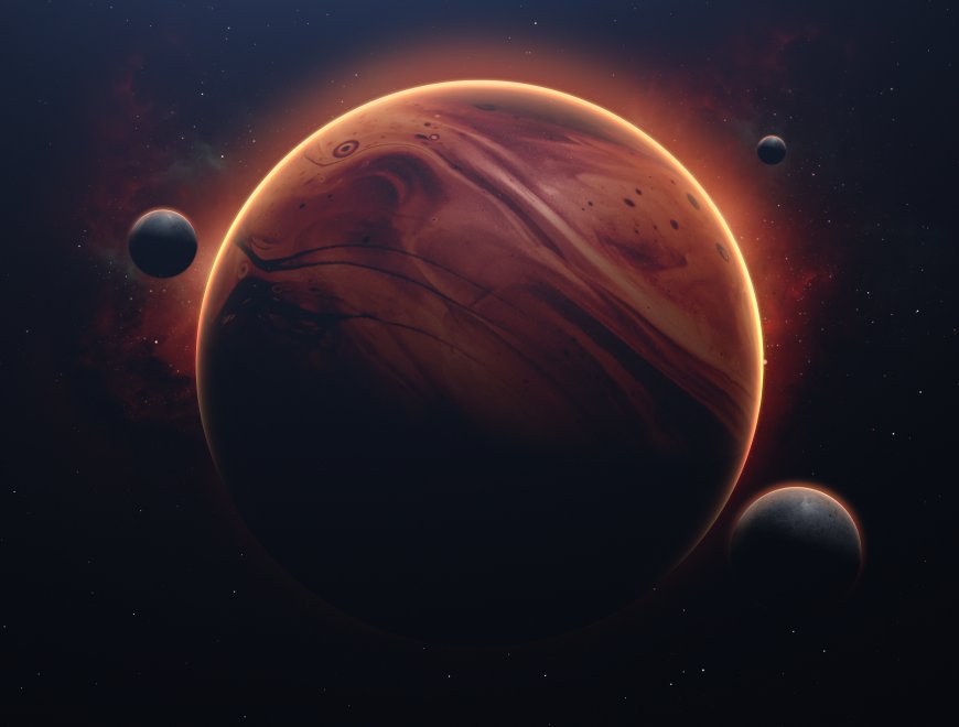 气态巨行星橙色条纹风暴卫星环绕太空星球科幻场景风景电脑壁纸
