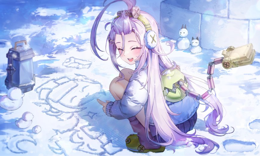 紫色长发少女雪地玩耍机械臂背包冬季场景可爱动漫电脑壁纸