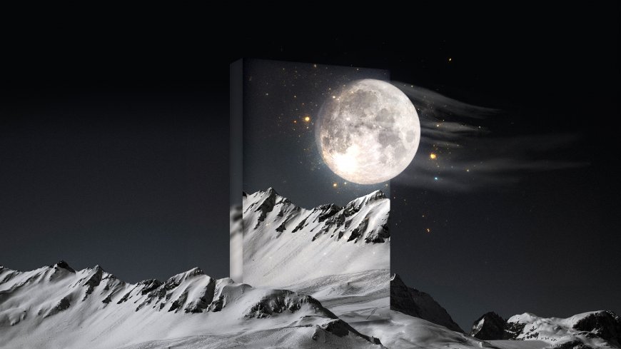 雪山夜空巨月星尘立体画布风景电脑壁纸