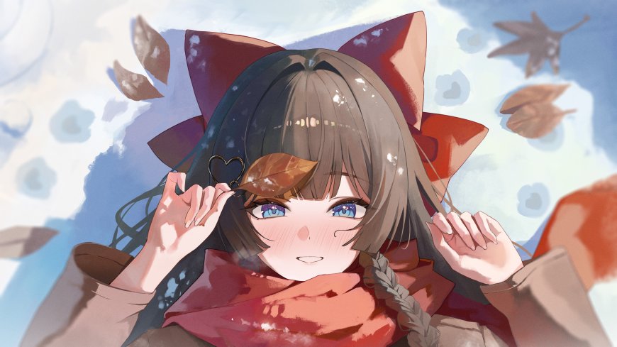 棕发少女戴红色蝴蝶结手持枫叶秋日蓝天背景电脑壁纸