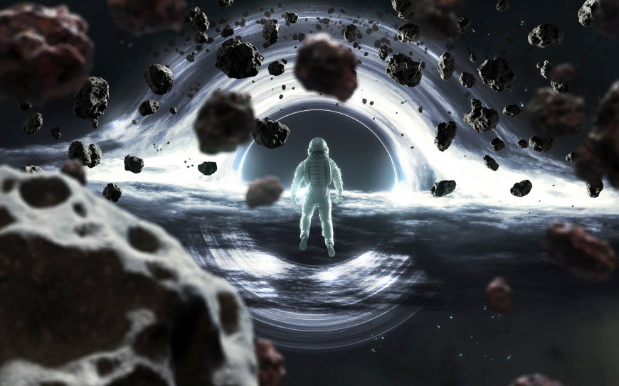 宇航员穿越虫洞陨石环绕神秘宇宙隧道科幻风景电脑壁纸