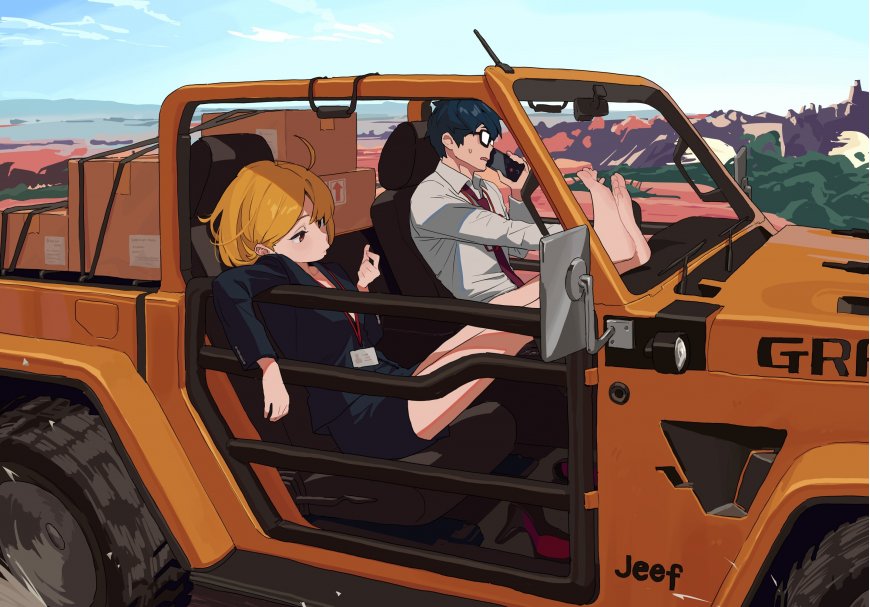 动漫男女主角驾驶橙色Jeep越野车穿越峡谷荒野电脑壁纸