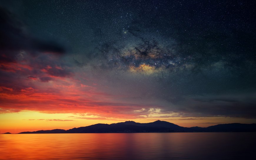 银河星空日落海面山脉夜景风景电脑壁纸