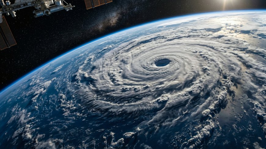 太空视角地球飓风漩涡与国际空间站电脑壁纸