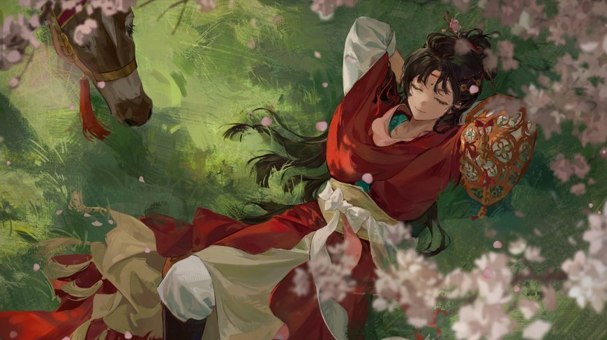 古风红衣女子躺卧草地樱花飘落马头相伴中国风插画创意电脑壁纸