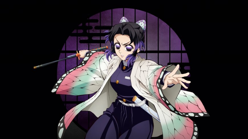 鬼灭之刃蝴蝶忍战斗姿态蝶翼外套紫色背景动漫电脑壁纸