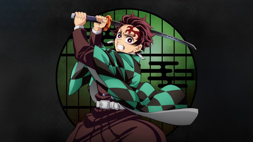鬼灭之刃炭治郎挥剑战斗姿态绿色格纹和服动漫角色动漫电脑壁纸
